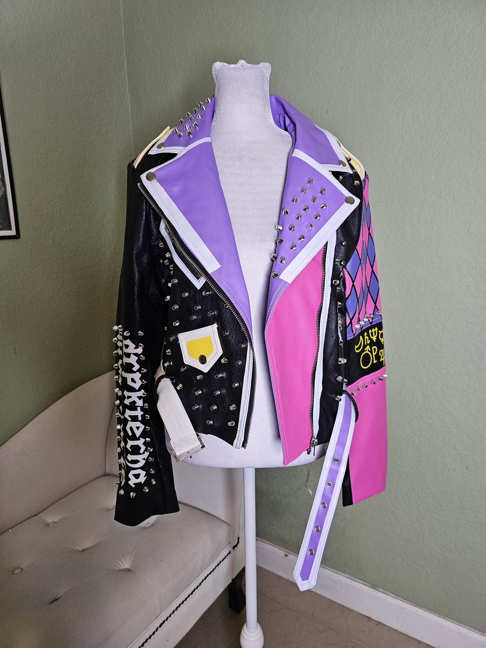 Azalea Wang Studded Colorblock Faux Leather Biker Jacket Pink, Lavender & Black